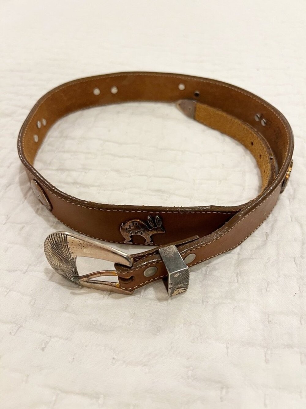 VTG 90s Silver Creek Leegin Belt 30 Leather Western Conch Fetish Animal Boho USA